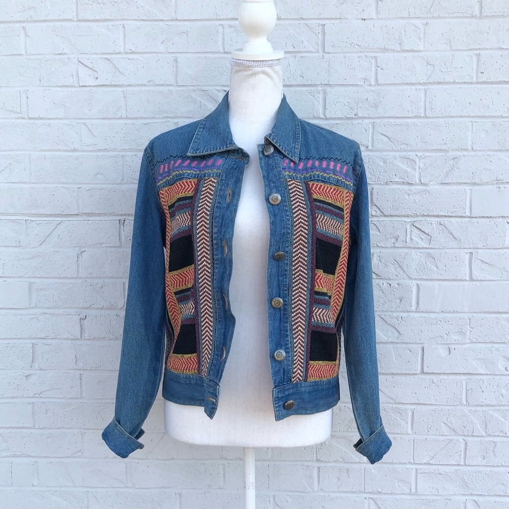 New Identity cute girly boho mirrored embroidered denim jacket S
